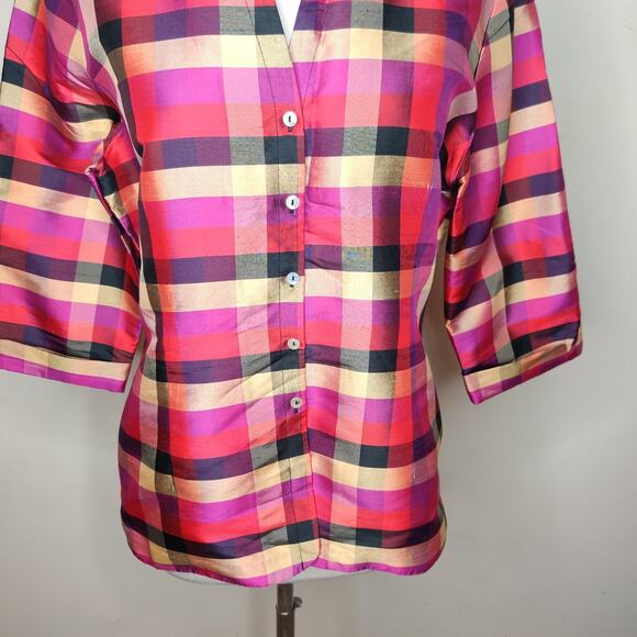 Robbie Bee Plaid Silk Blouse Button Up Pink Fuchsia Gold - Picture 3 of 10